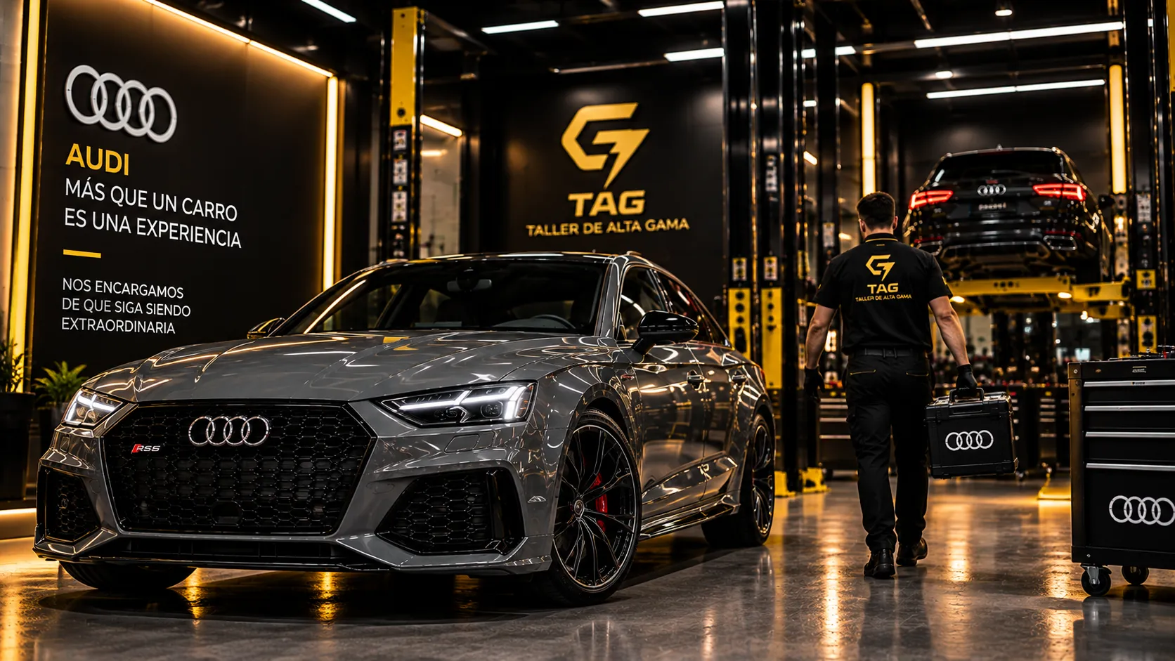 Audi deportivo gris en taller premium con técnico de Taller de Alta Gama