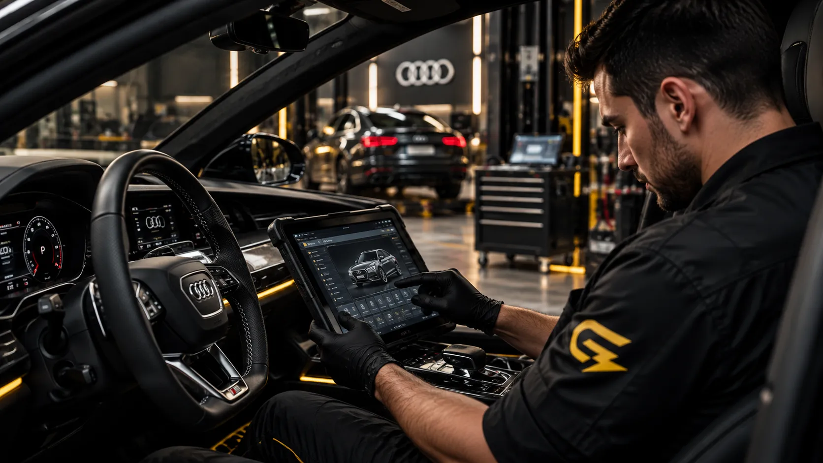 Técnico realizando diagnóstico electrónico a un vehículo Audi