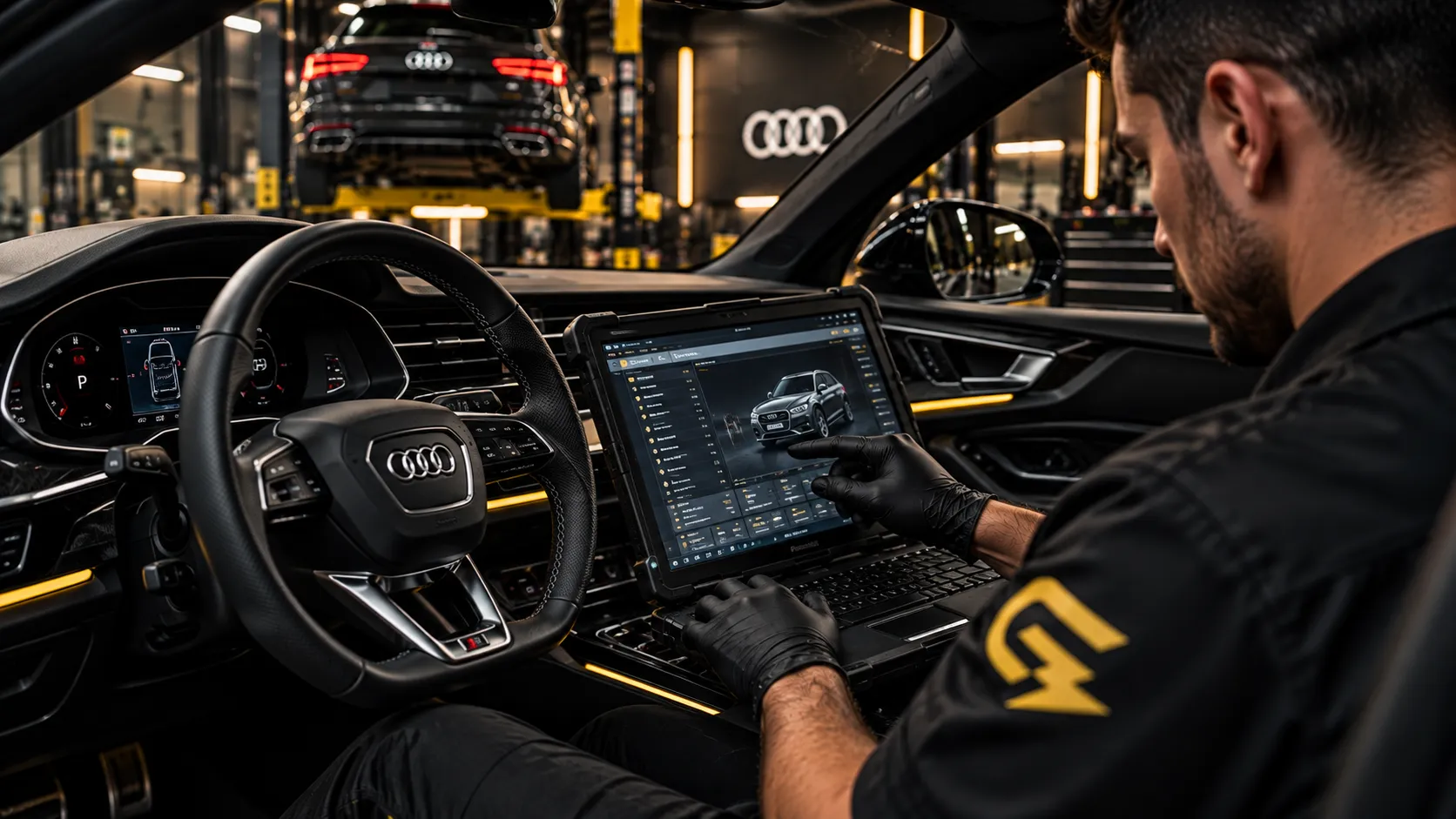 Técnico utilizando una computadora de diagnóstico dentro de un Audi