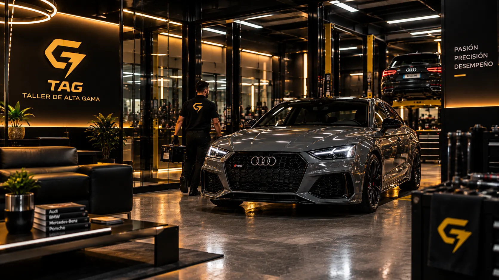 Audi deportivo en un taller premium con zona de atención y servicio