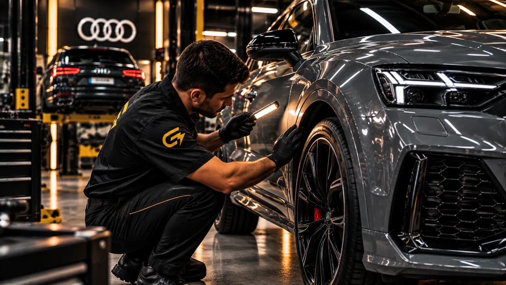 Técnico inspeccionando la zona de la rueda delantera de un Audi