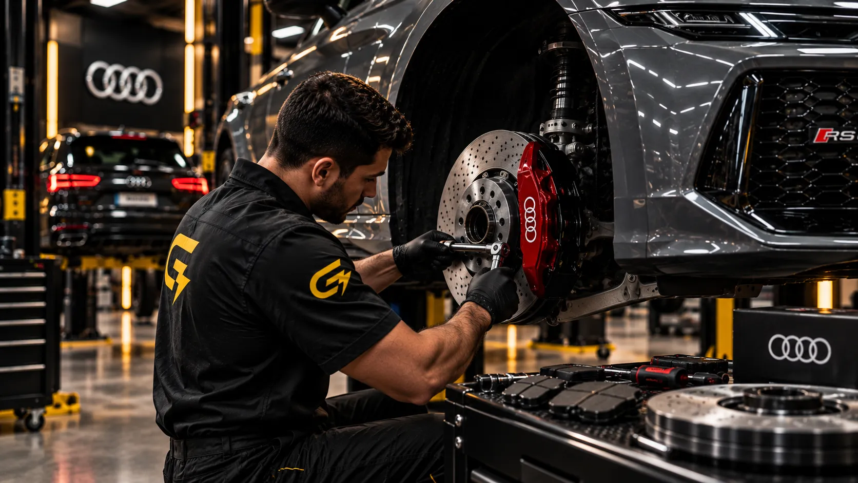 Técnico trabajando en el sistema de frenos de un Audi elevado