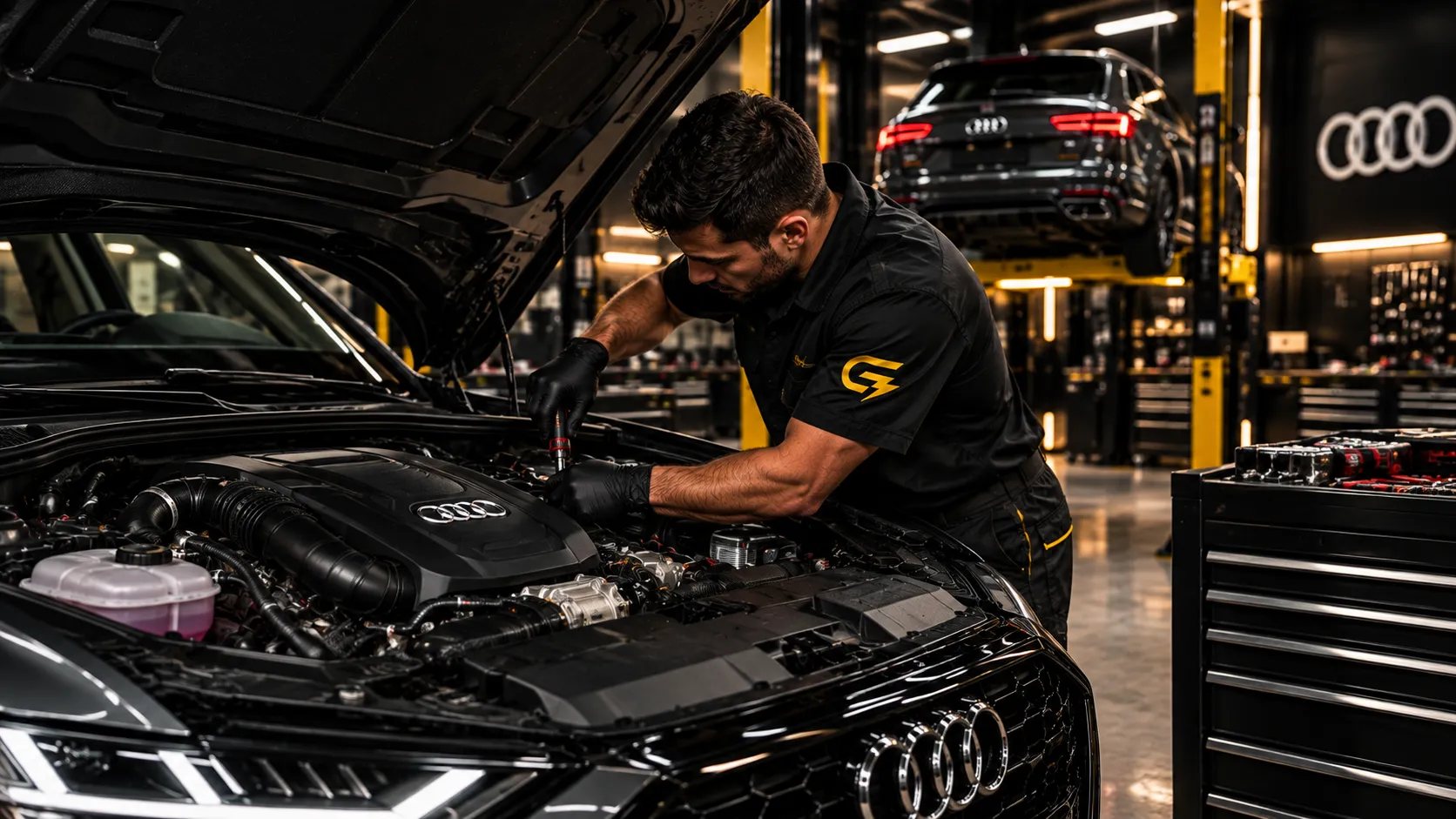 Mecánico revisando el motor de un Audi con el capó abierto