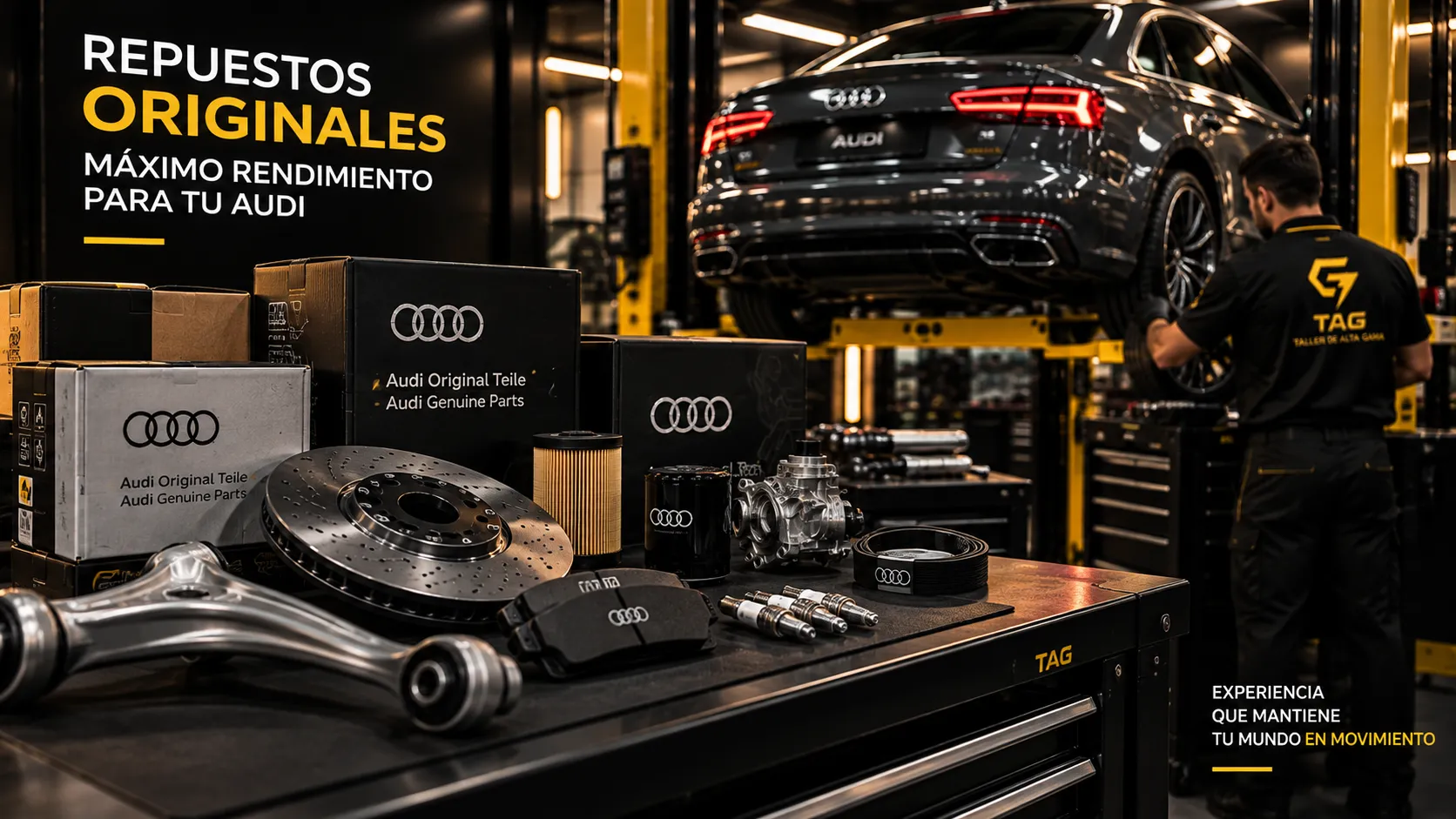 Componentes y repuestos Audi organizados sobre una mesa de trabajo