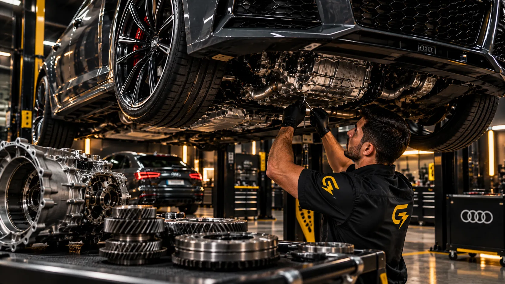 Mecánico revisando el disco y la pinza de freno de un Audi