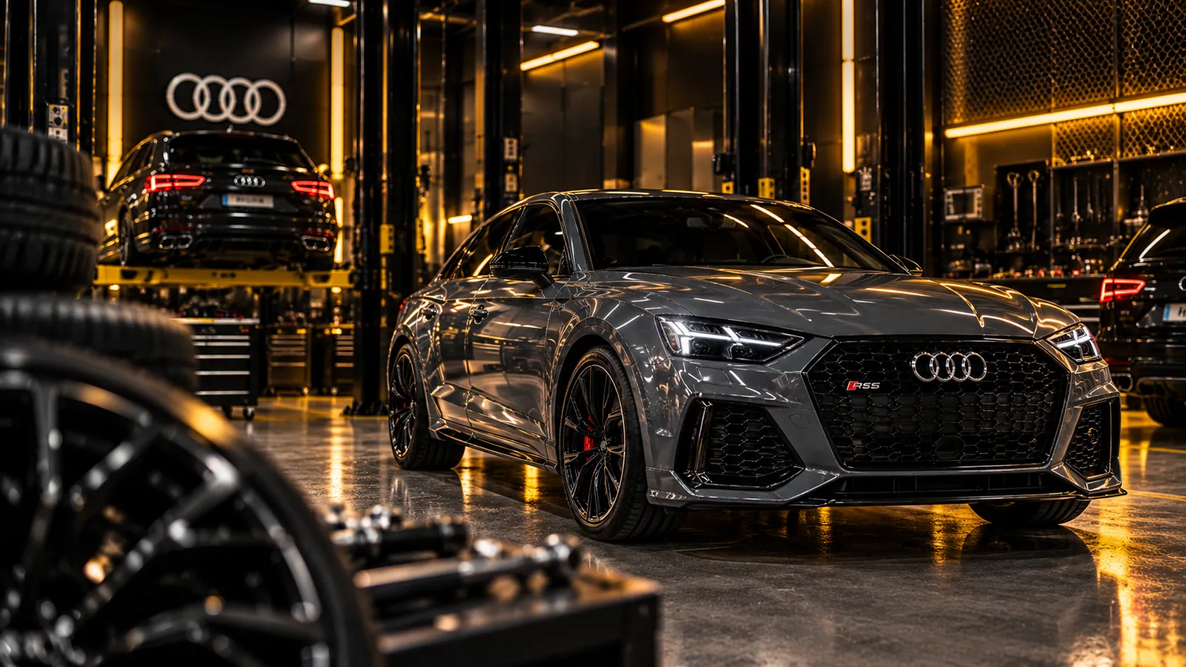 Audi deportivo gris en un taller automotriz de estética premium